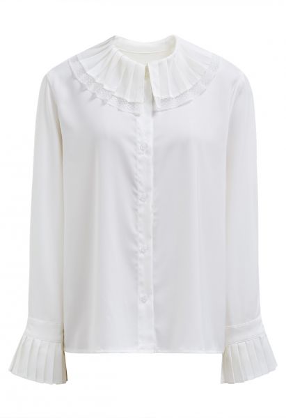 Pleated Doll Collar Buttoned Satin Shirt