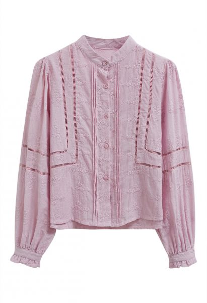 Floret Embroidered Pintuck Button Down Shirt in Pink
