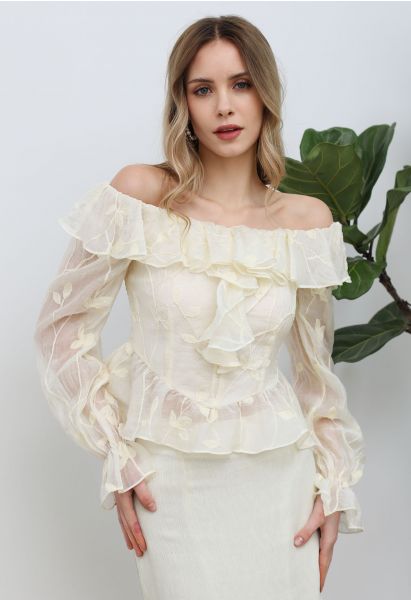 Branch Embroidery Ruffle Off-Shoulder Top