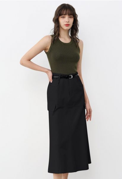 Pocket Trim Belted Denim Flare Skirt in Black