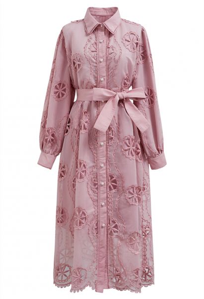 Cutwork Crochet Button Down Midi Dress in Pink