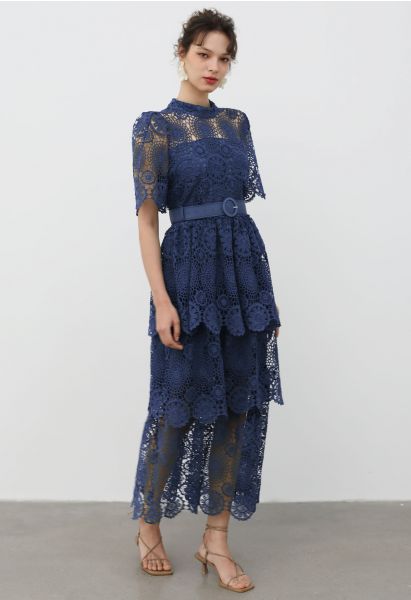 Cutwork Lace Belted Tiered Maxi Dress in Navy