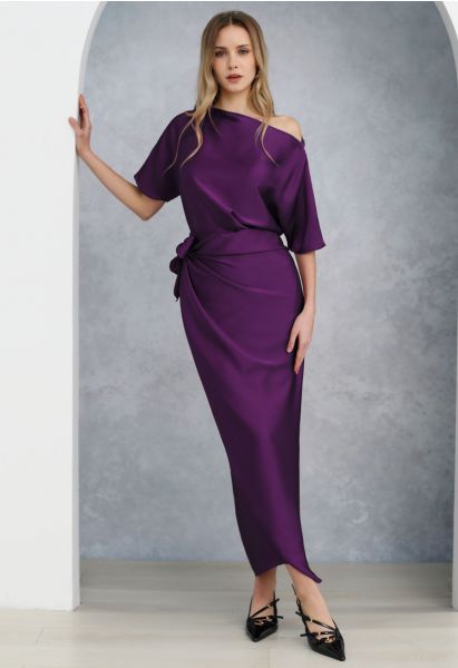 Satin Short-Sleeve Wrapped Waist Maxi Dress in Purple