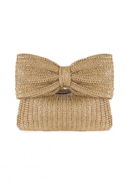 Bowknot Braided Straw Clutch in Khaki