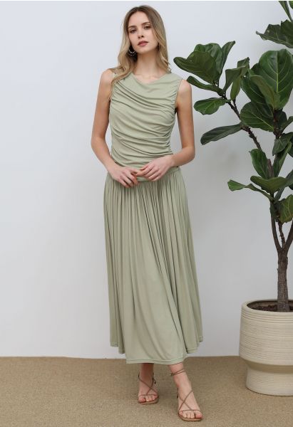 Effortless Ruched Sleeveless Cotton Dress in Pea Green