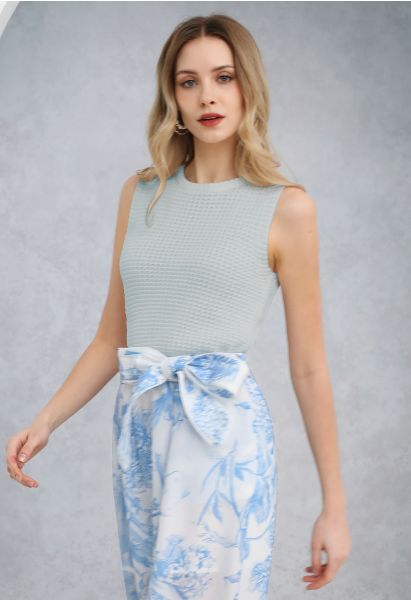 Solid Color Openwork Knit Sleeveless Top in Light Blue