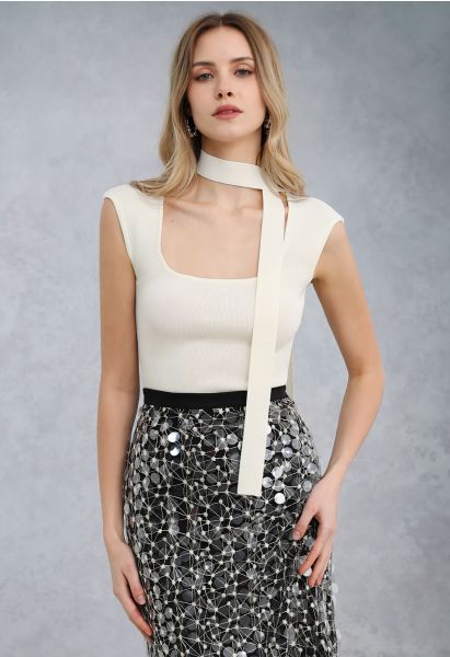 Square Neck Sleeveless Knit Top with Sash in White