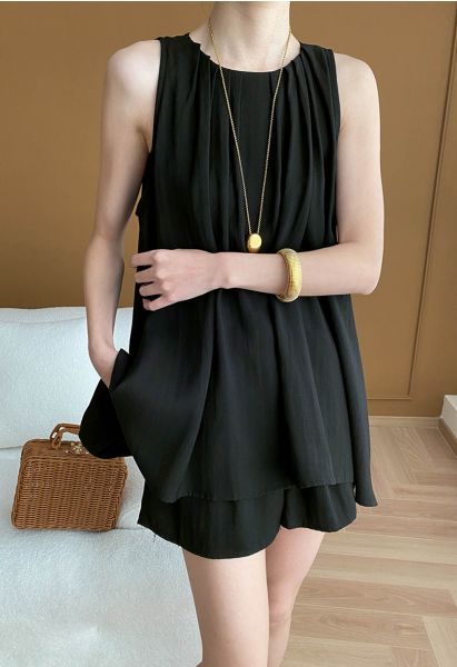 Pleats Sleeveless Top and Shorts Set in Black