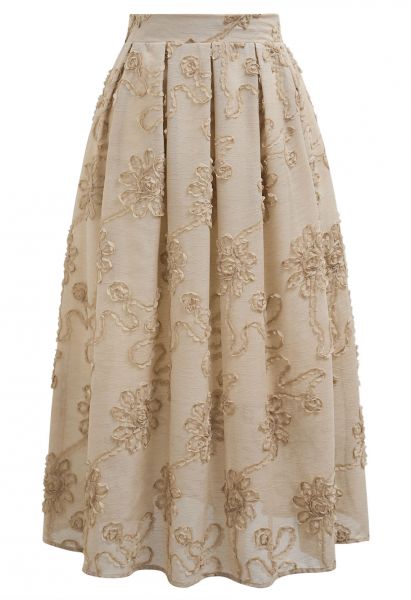 Floral and Stem Jacquard Pleated Midi Skirt in Light Tan