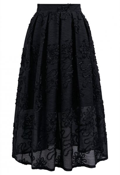 Floral and Stem Jacquard Pleated Midi Skirt in Black