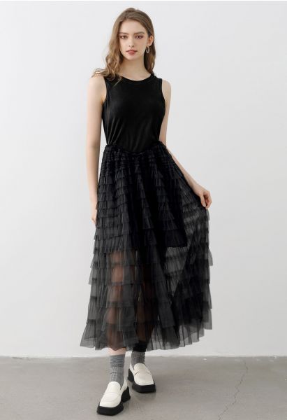 Tiered Mesh Spliced Sleeveless Maxi Dress in Black