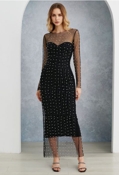 Full Pearl Embellished Sheer Mesh Cover-Up Maxi Dress in Black