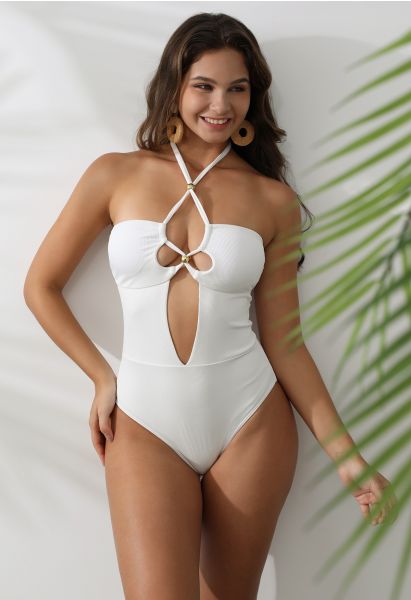 Solid White Halter Neck Cut Out Swimsuit