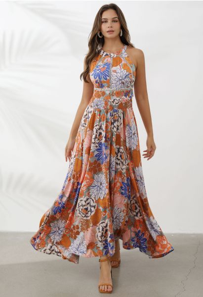 Vivid Blossom Tie-Back Maxi Dress