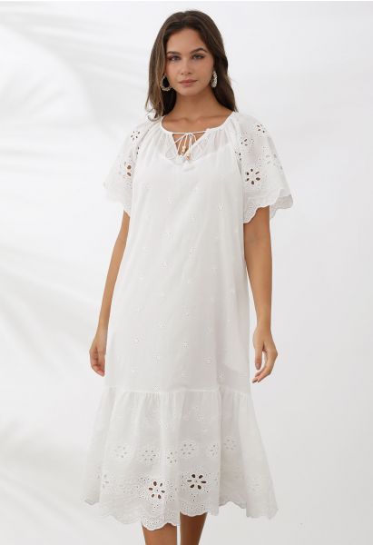 V-Neck Floral Embroidery Eyelet Dolly Dress in White