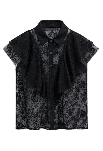 Inspired Cutie Ruffle Full Lace Sleeveless Top in Black