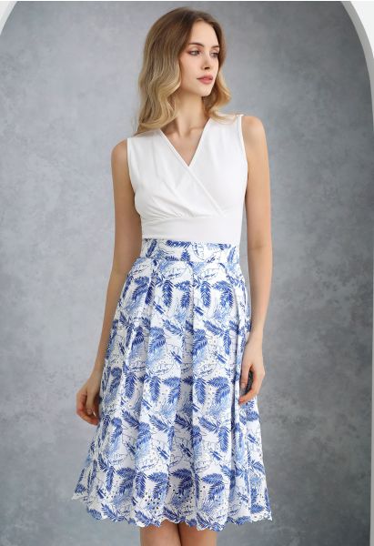 Leaf Embroidered Eyelet Pleated Midi Skirt in Blue