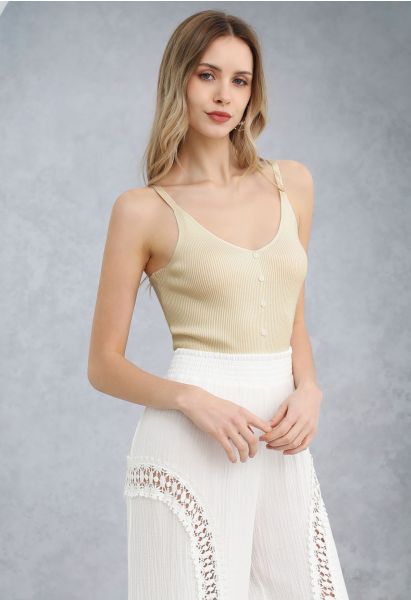 Button Decorated Ribbed Knit Tank Top in Cream