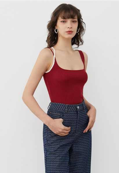 Contrast Asymmetric Straps Ribbed Knit Tank Top in Red