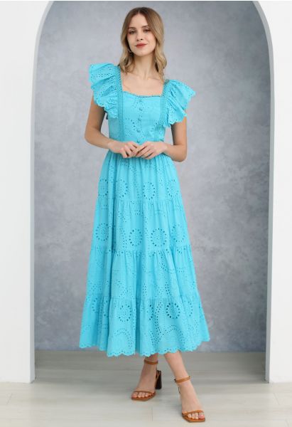 Sweetheart Neckline Eyelet Embroidery Maxi Dress in Turquoise