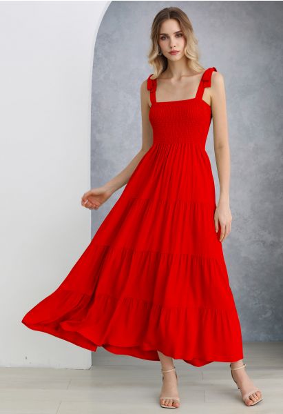 Fluttering Tie-Shoulder Shirred Maxi Dress in Red