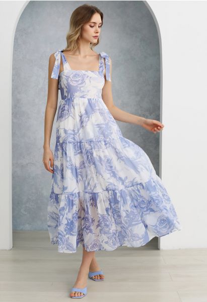 Tranquil Blue Rose Tie-Strap Maxi Dress