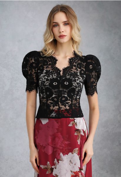 Blossom Lace Puff Sleeve V-Neck Crop Top in Black