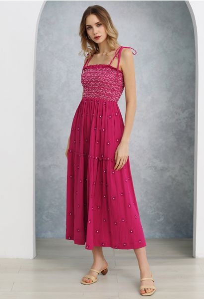 Floret Embroidery Tie-Shoulder Shirred Dress in Hot Pink
