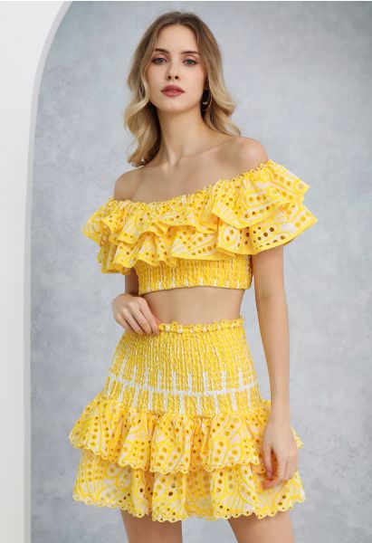 Ruffled Off-Shoulder Shirred Crop Top and Mini Skirt Set in Yellow