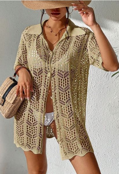 Boho Beach Crochet Buttoned Cover-Up in Camel
