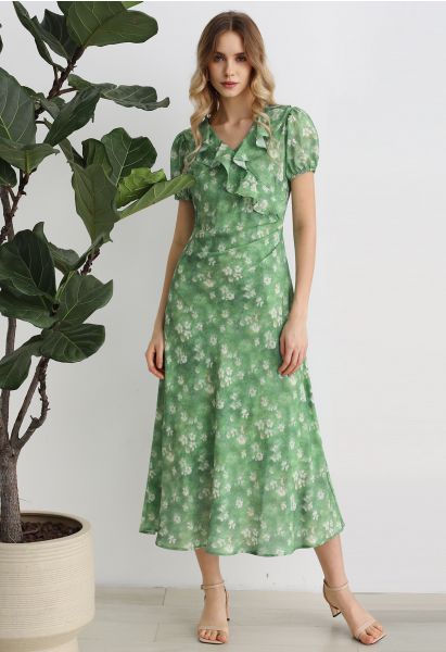 Daisy Printed Ruffle Trim Maxi Dress in Green