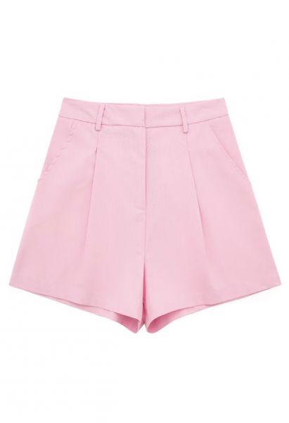 Side Pocket Pleated Linen-Blend Shorts in Pink