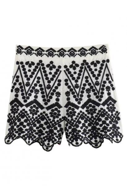 Geometric Floral Embroidered Scalloped Hem Shorts