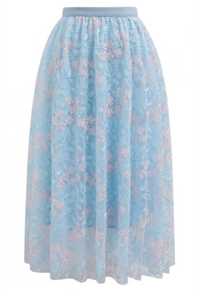 Floral Leaf Embroidered Mesh Tulle Midi Skirt in Blue