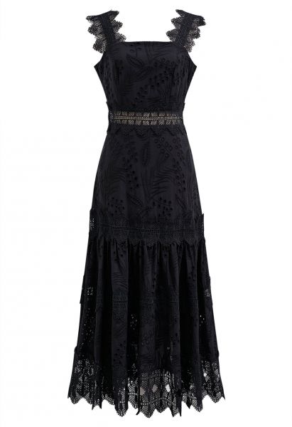 Leaves Eyelet Embroidered Lace Trim Cami Dress in Black