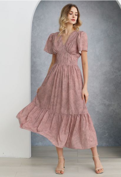 V-Neck Padded Shoulder Printed Frilling Dress in Pink