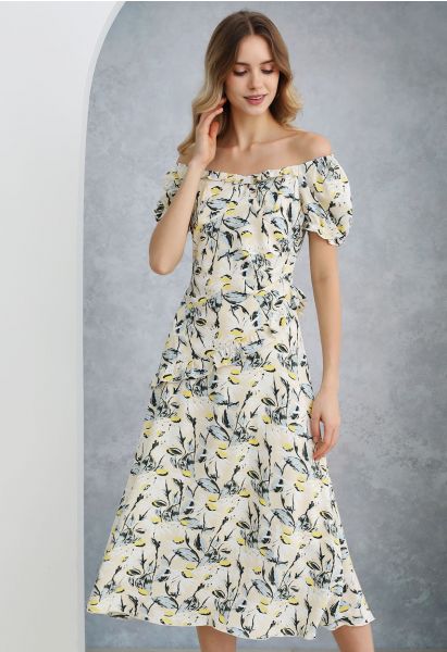 Daisy Printed Off-Shoulder Ruffle Trim Midi Dress
