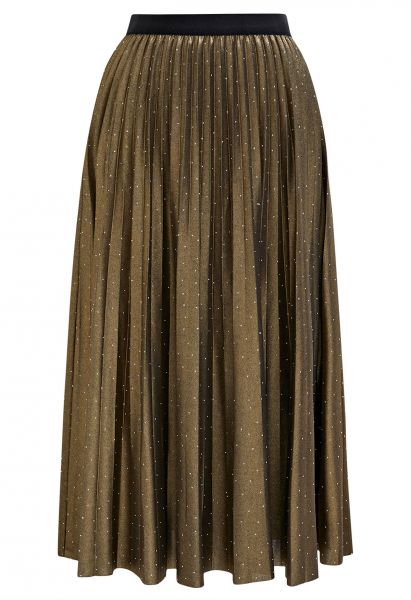 Rhinestone Embellished Pleated Midi Skirt in Moss Green