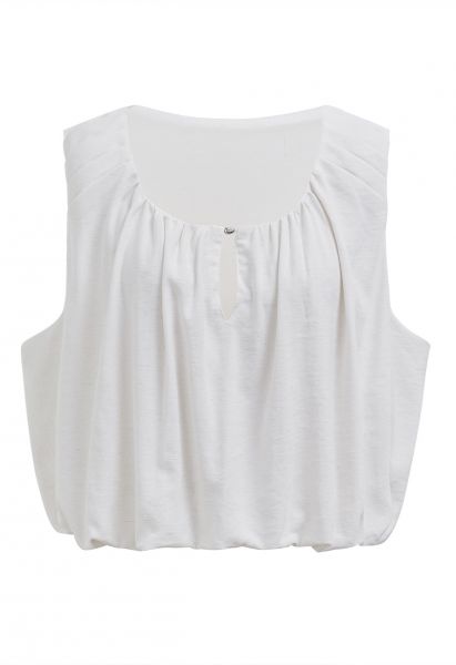 Mesh Inserted Linen-Blend Sleeveless Crop Top in White