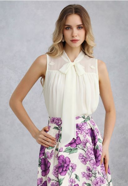 Pearly Petal Bowknot Chiffon Sleeveless Top in Cream