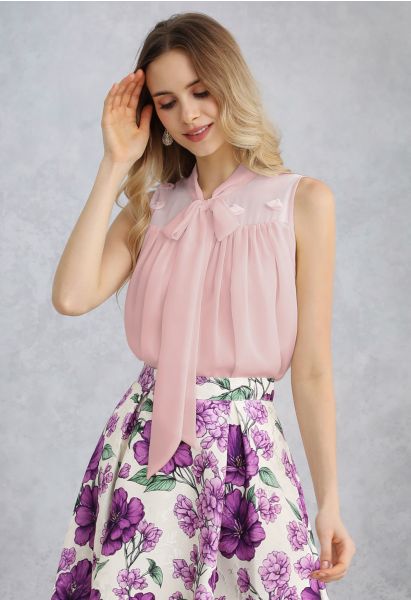 Pearly Petal Bowknot Chiffon Sleeveless Top in Pink