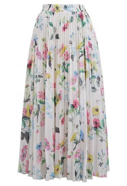 Vivid Floral Print Pleated Maxi Skirt in White
