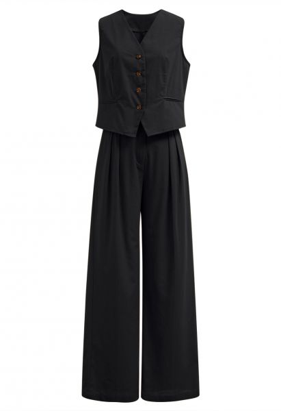 Linen-Blend Button Down Vest and Pants Set in Black