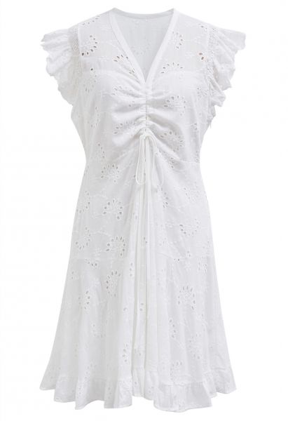 Drawstring Front Eyelet Embroidered Mini Dress in White