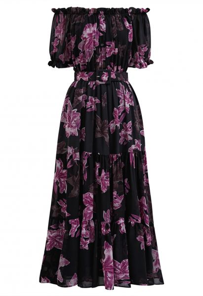Lily Printed Off-Shoulder Chiffon Midi Dress in Purple