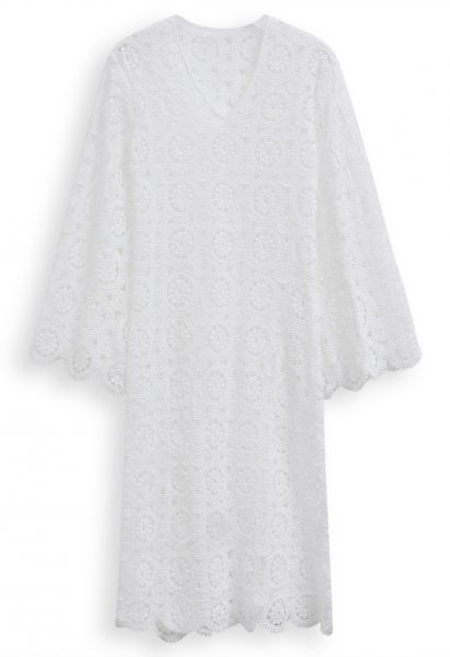 V-Neck Guipure Lace Flare Sleeve Cover-Up Dress in White