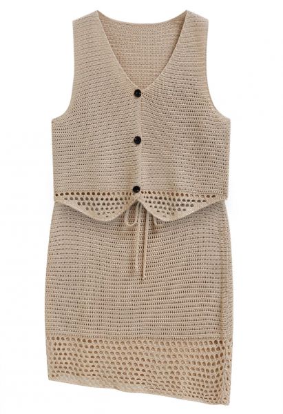 Openwork Crochet Buttoned Vest and Drawstring Skirt Set in Camel