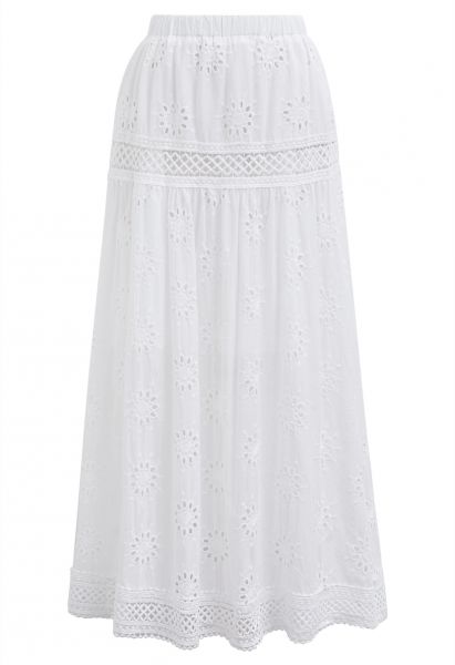 Floral Embroidered Eyelet Cotton Maxi Skirt in White