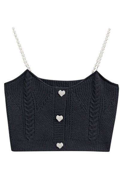 Pearly Heart Cami Crop Top in Black