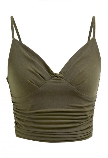 Knotted V-Neck Ruched Crop Cami Top in Army Green